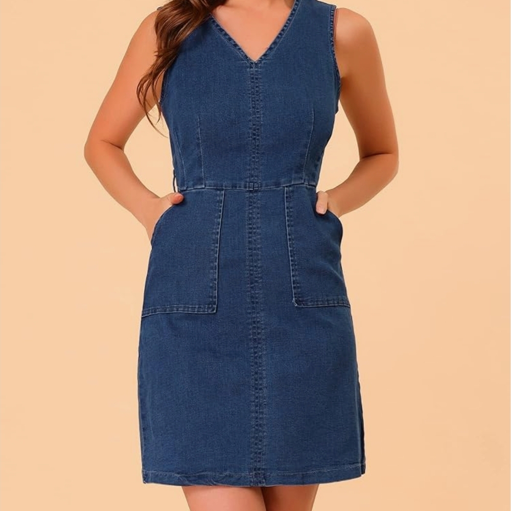💕 Allegra K Sleeveless Blue Denim Dress